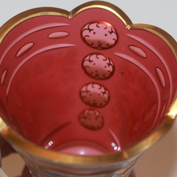 Bohemian Czech Red to White Cased Glass Vase Hand Painted Flowers LOT 8150 - Picture 6 of 7